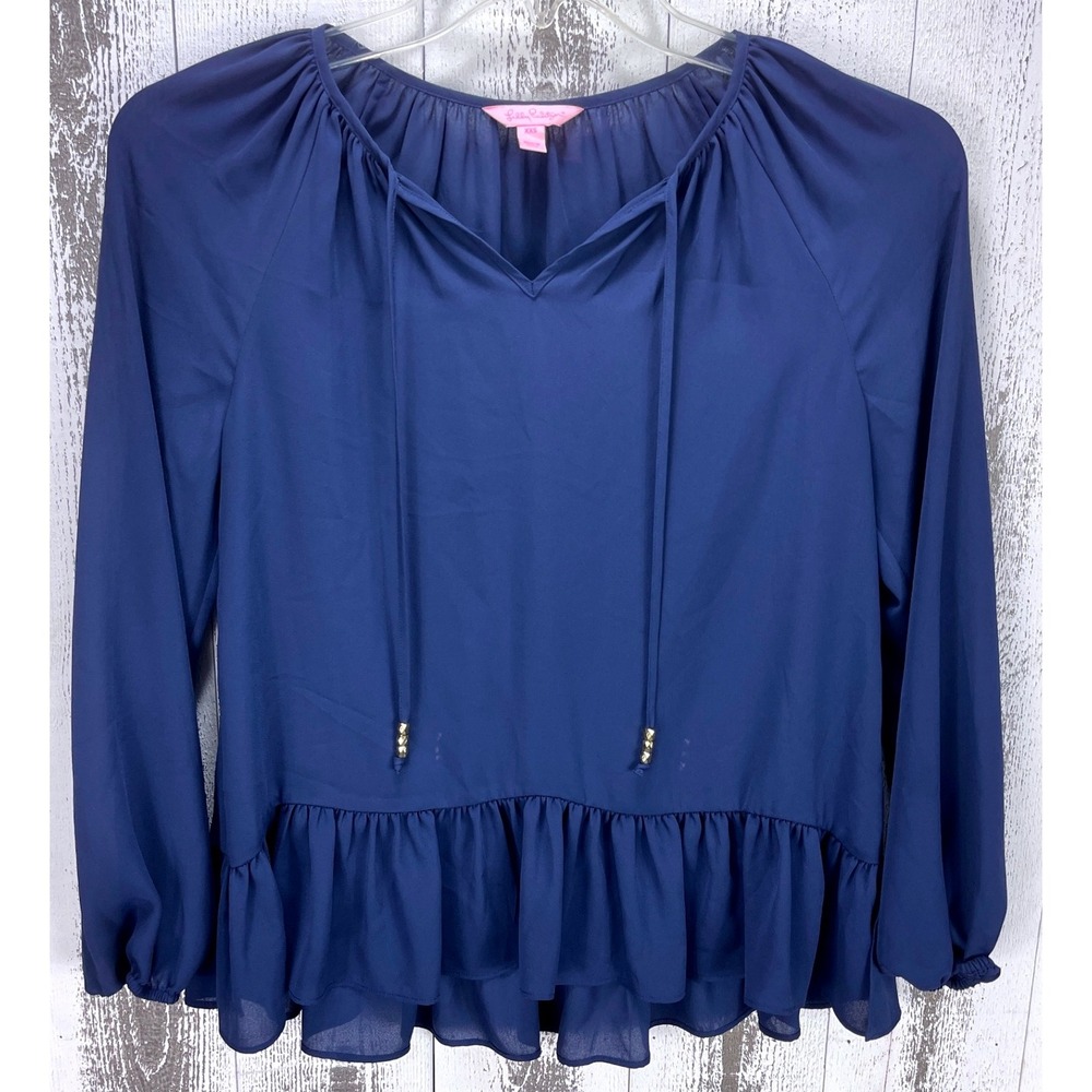 Lilly Pulitzer Blouse XXS Navy Blue Long Sleeve Ruffle Hem Tie Neck Top